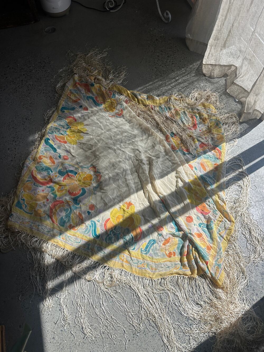 Vintage Sheer Fringe Floral Large Silk Shawl Wrap